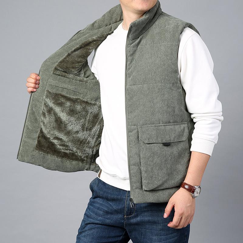 Men's Autumn and Winter Models, Fleece Thickened Outdoor Casual Multi-pocket Men's Vest, Solid Color Stand-up Collar Vest