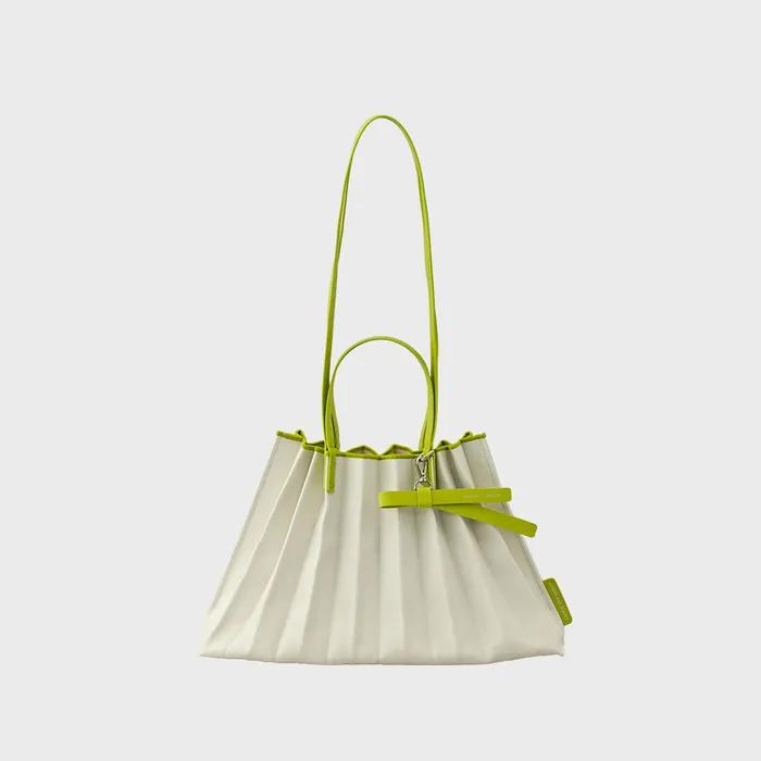 Lucky Pleats Canvas Coated Shopper L with Ribbon Lime