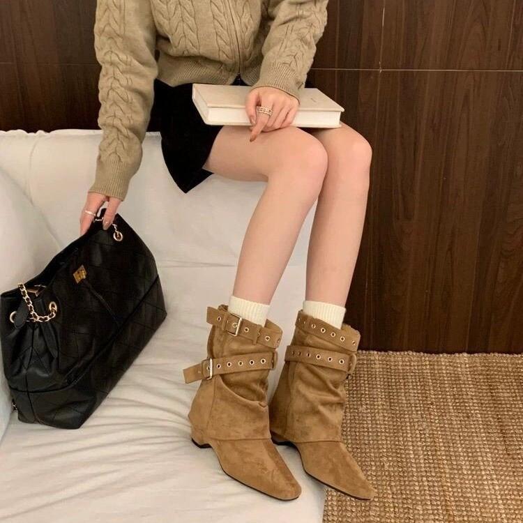 Height-increasing Retro Pointed Maillard Knight Trouser Boots New Belt Buckle Thick Heel Western Cowboy Short Boots