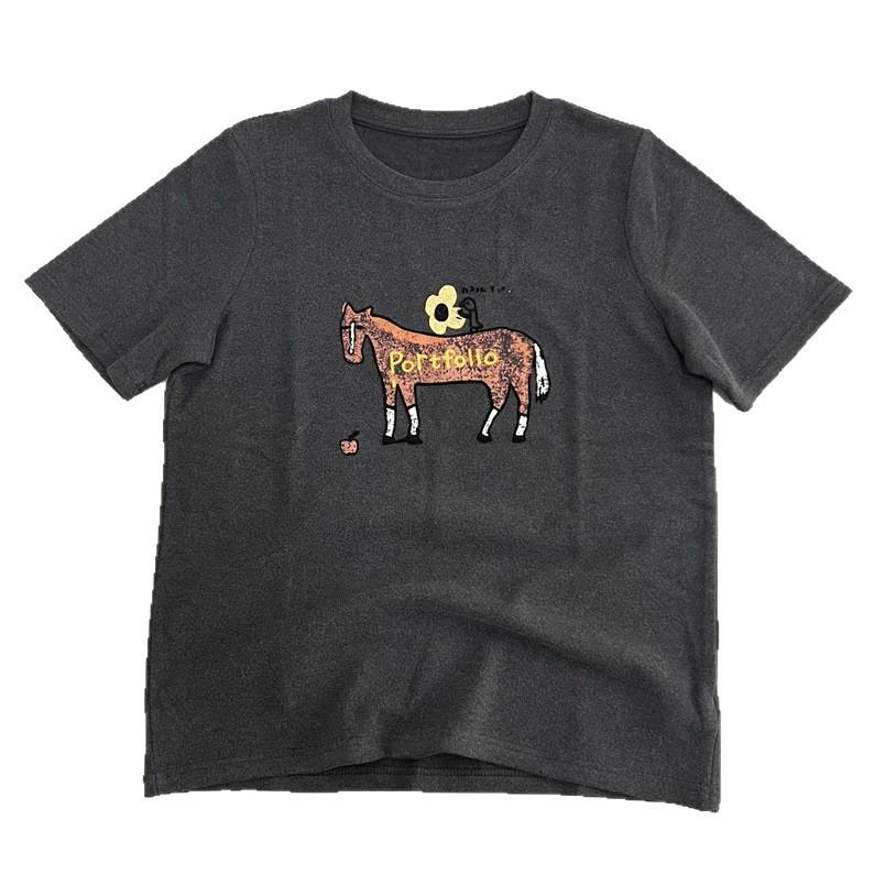 Cartoon Horse Print Embroidered Short-Sleeve T-Shirt for Women - Casual, Versatile, Age-Reducing Top in Black or Gray for Spring