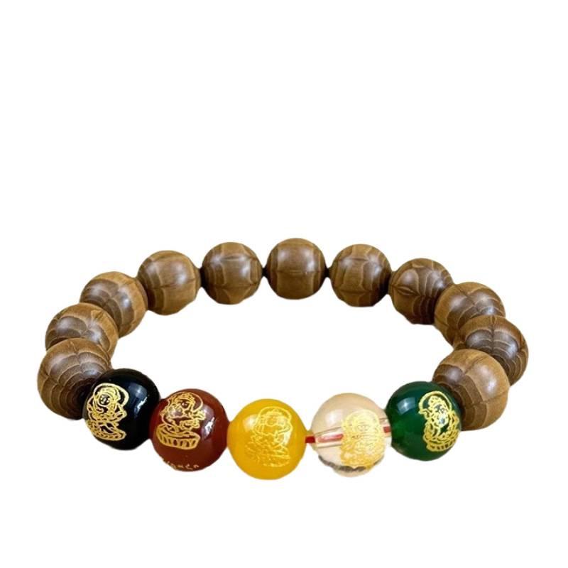Wutai Mountain Ethnic Style Dragon Wood Rosary Bracelet with Six Paths & Five Paths God of Wealth Beads.