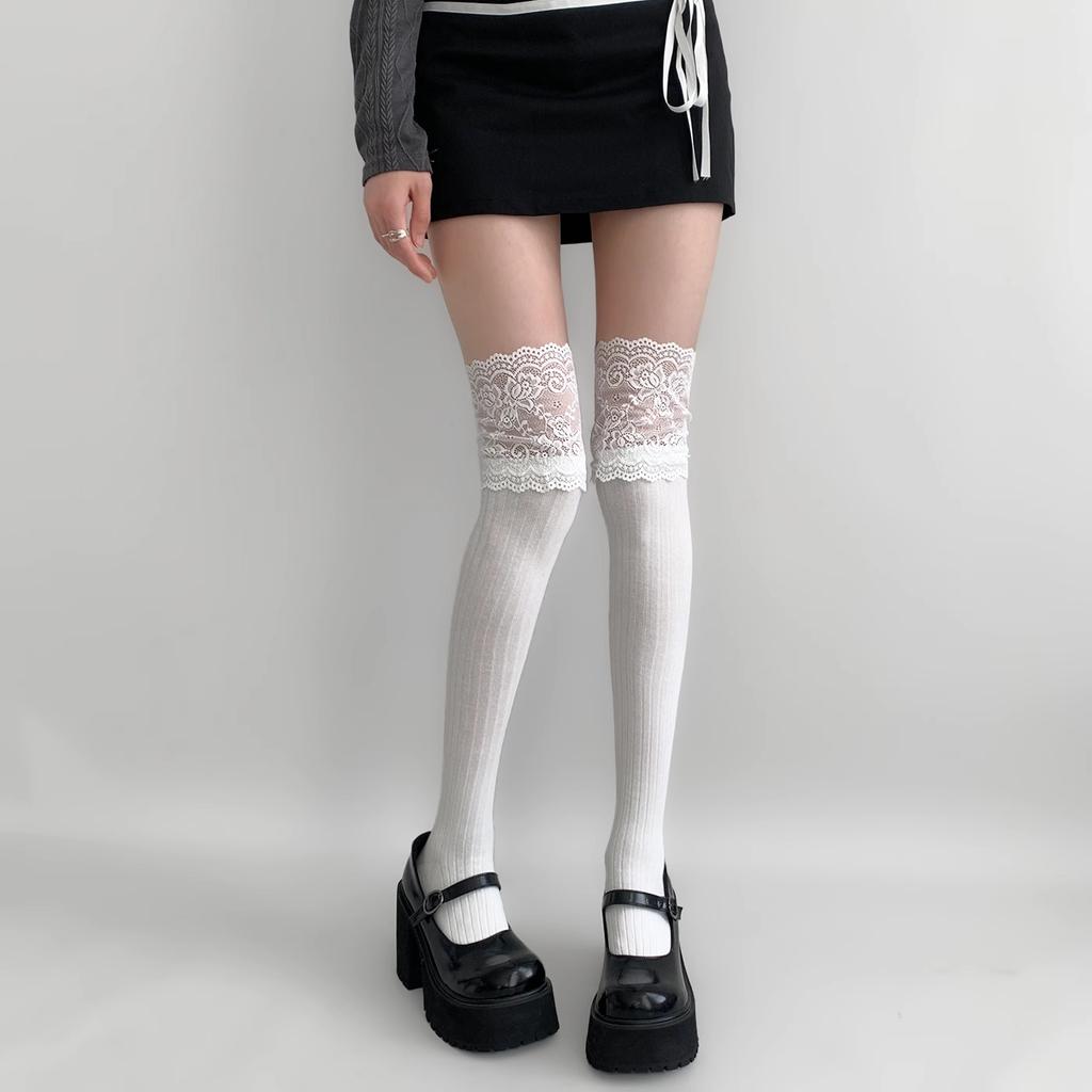 Lace Stockings Lolita Lace Patchwork Long Socks Women's Thigh-high Stocks Piles Of Socks Striped Cotton Over-the-knee Socks