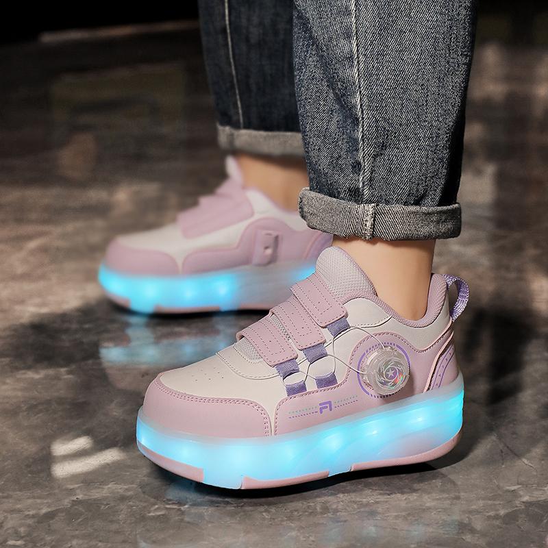 Kid's Roller Skates Removable Flat Charging LED Four Wheels Glowing Sports Shoes Pink Women's Glowing Sneakers