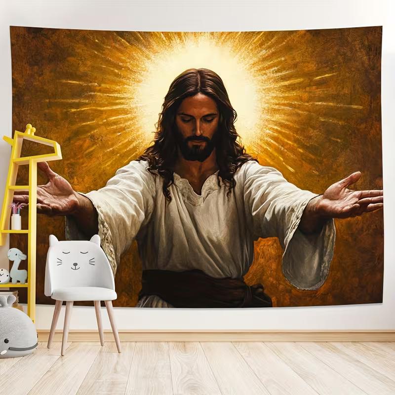 2D Jesus Open Arms Backdrop, Christ with Radiant Halo Photography Background, Christian Religious Banner