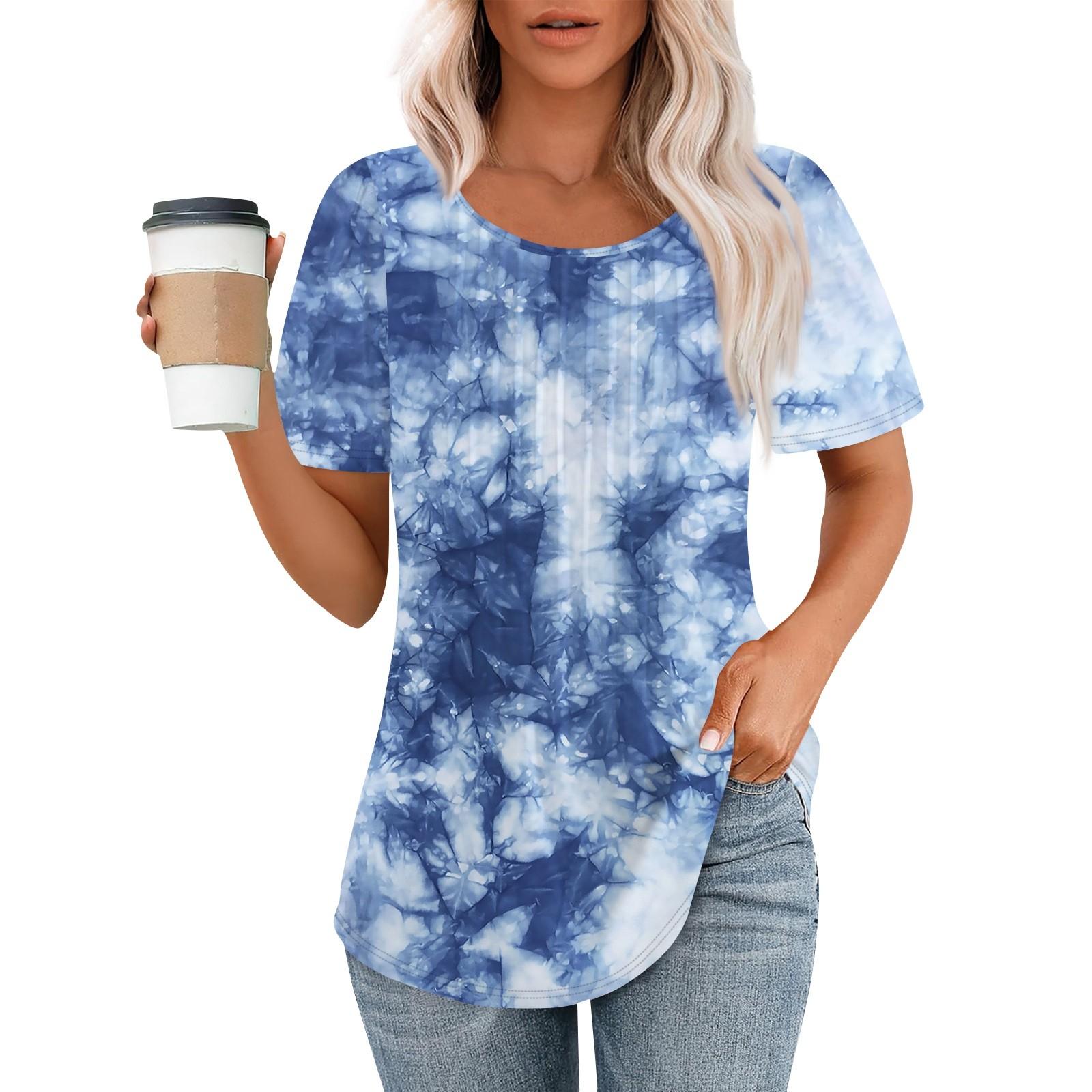 

Женская летняя модная повседневная плиссированная футболка с коротким рукавом и круглым вырезом с принтом Топ L синий