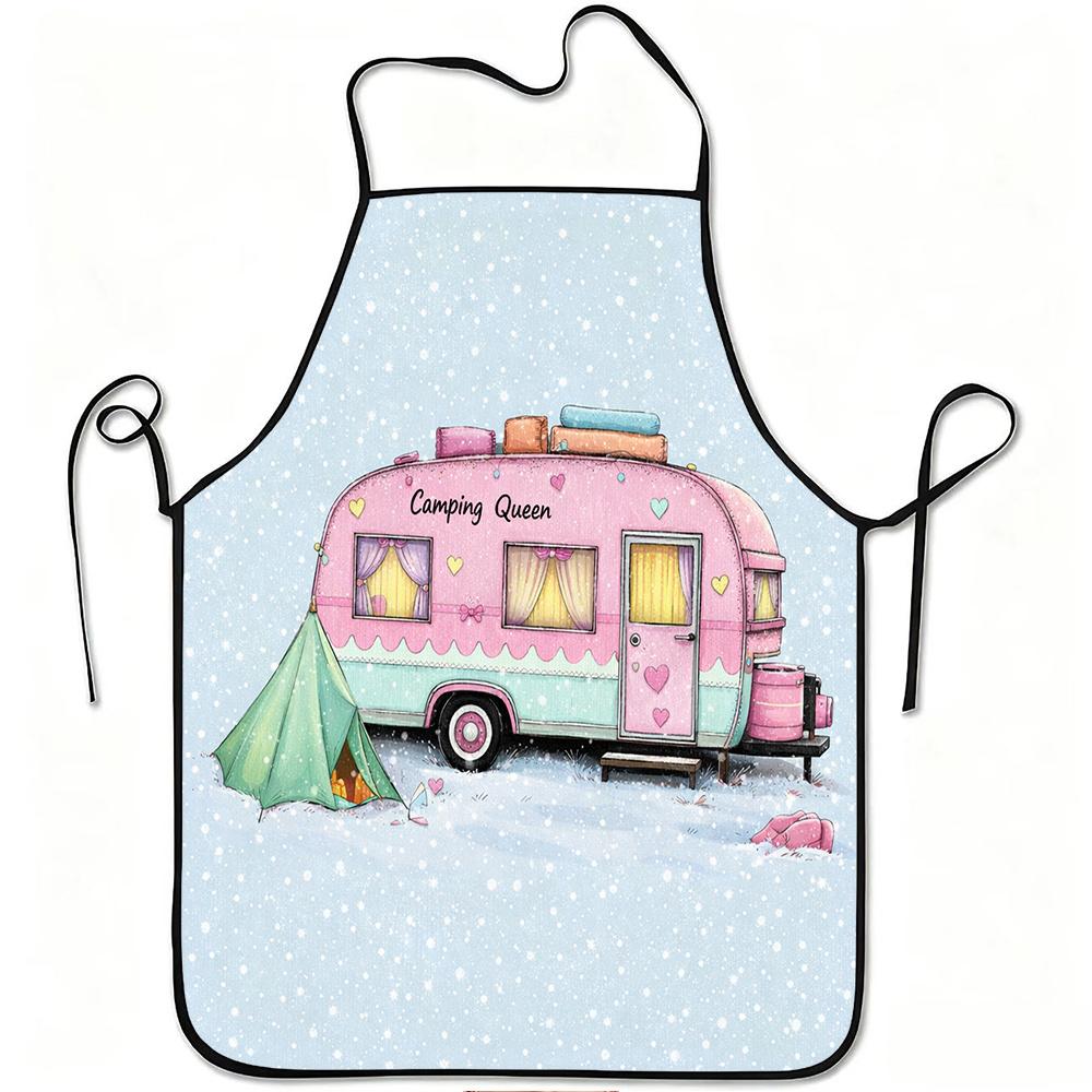 1pc Camping Queen Caravan Print Apron, Durable and Easy To Clean, Adjustable Waistband, Polyester Material, for Kitchen Cooking, Gardening, Orchard Pi
