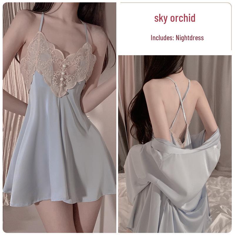 Elegant Spring/Summer Lace Pajama Set: Backless Camisole Nightgown & Cardigan