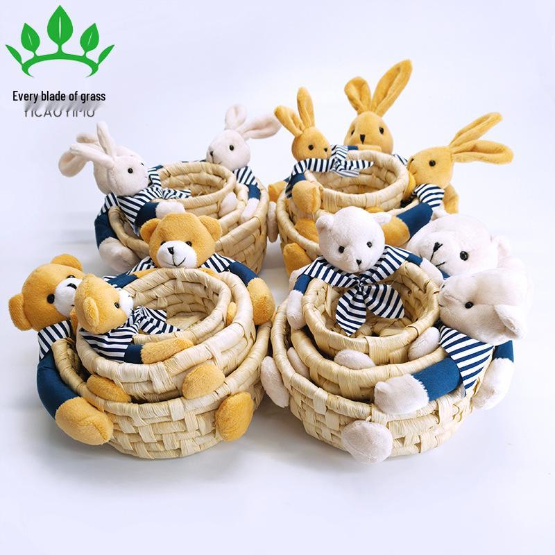 Easter Straw Braided Basket: Handcrafted Corn Husk Storage with Bunny, Bear & Colored Egg Design