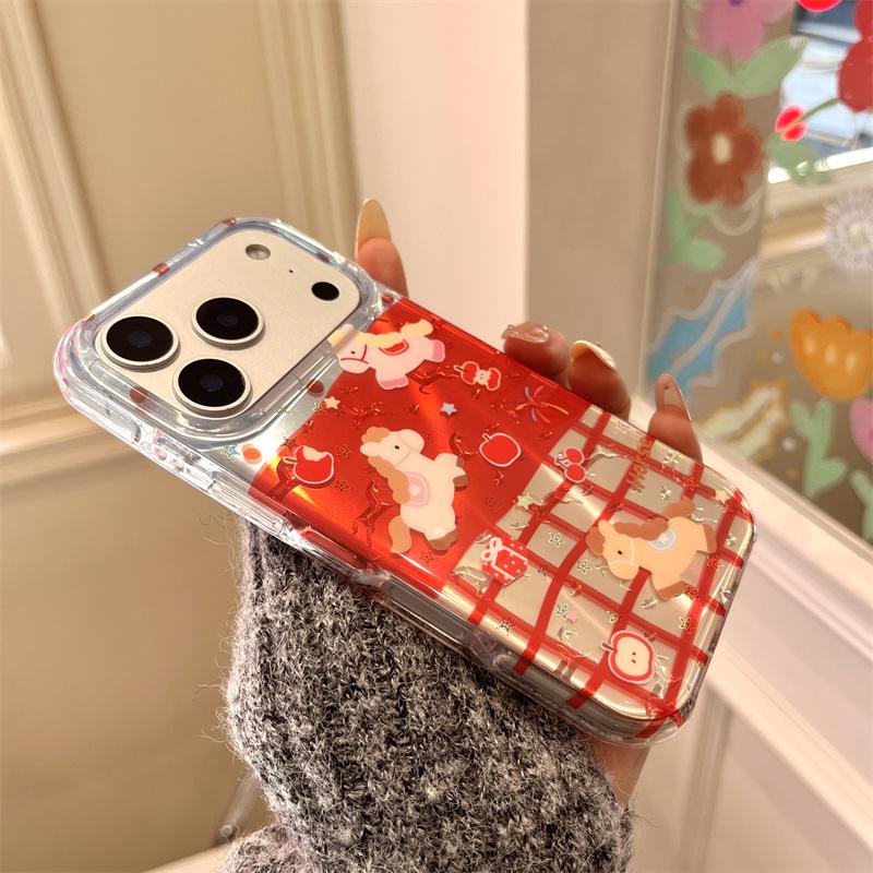 Red Plaid Horse Apple Phone Case for 17 Pro Max, 16 Pro Max, 15 Pro/14 Pro - Double Layer, New Year Style