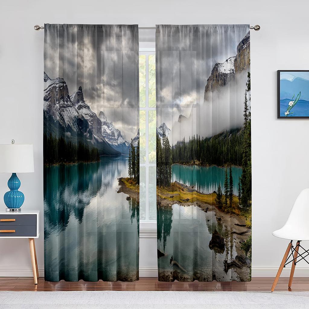 Bergsee Frühling Naturlandschaft Voile Vorhang für Schlafzimmer Wohnzimmer Küche Blumen Feld Fenster Vorhänge 2 Paneele Drapierung