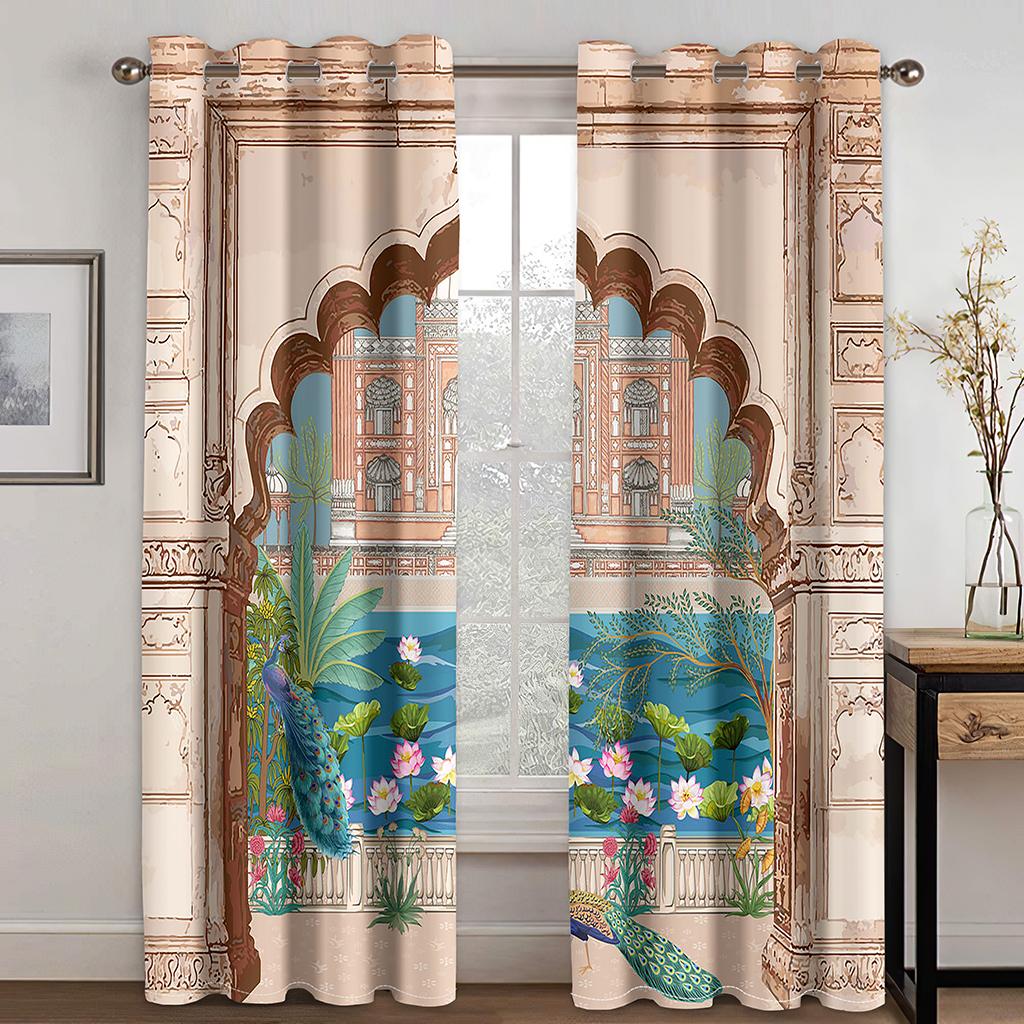 3d Curtains Classical Peacock Castle Elements 2 Panels Living Room Balcony Window Decorative Curtains