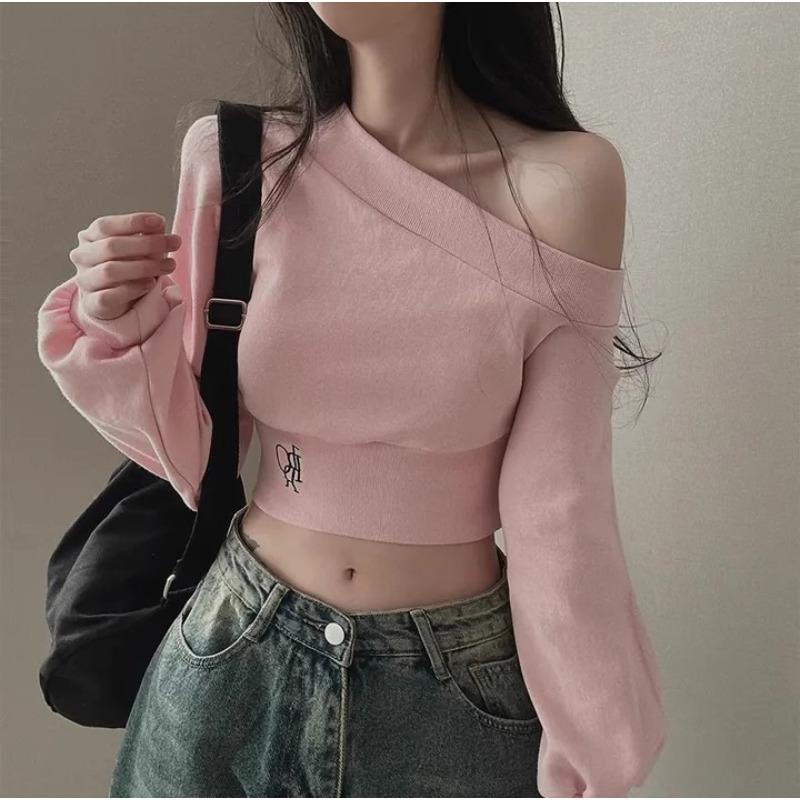 Real Spice Girl Sweet Sa Wind Slant Neck Off-Shoulder Sweater Women's Autumn Loose Embroidery Short Navel Top