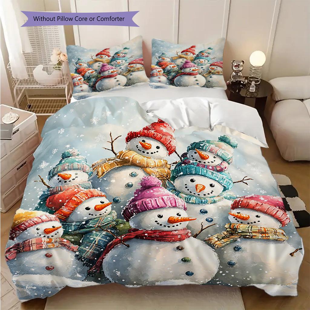 Snowmen Pattern Bedding Quilt Set Quilt Cover Pillowcase Home Decoration Birthday Gift (1 * duvet cover + 2 * pillowcase, without core)