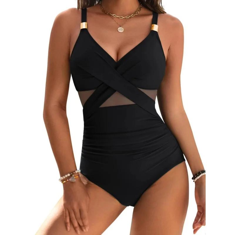 Fashion Sexy Skinny Swimwear Women Pleated Mesh Cross V Neck Suspender One Piece Swimsuit 2025 New Solid Bathing Suit Beachwear