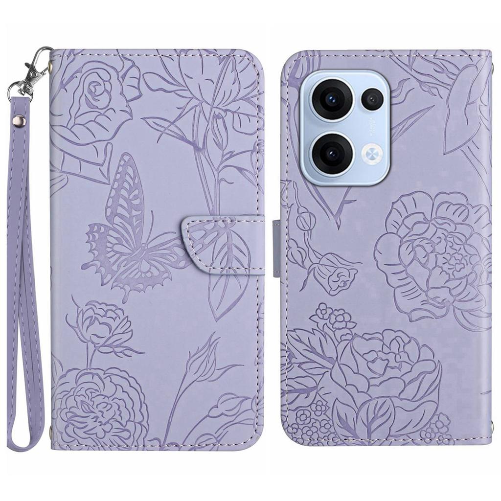 For Oppo Reno13 5G (Global) Case Butterfly Flower Imprinted Leather Phone Cover with Strap