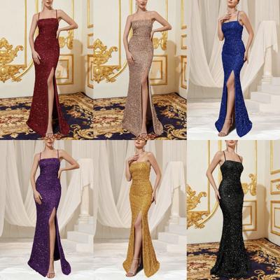 Summer New European and American Women's Clothing High-waisted Sexy Fashion Dress Suspender Sequined Split Dress