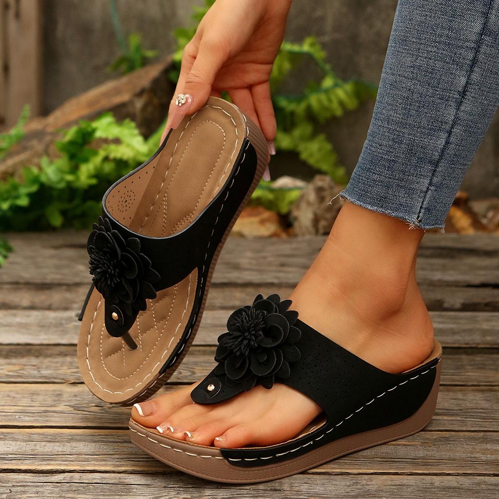 Large size flower wedge slippers women's new solid color retro herringbone slippers women