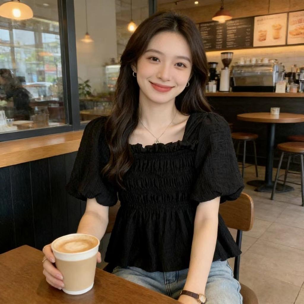 Princess Short Spice Girl Square Neck Tea Break Light Color New Flared Skinny Casual French Casual Short Sleeve Top Women