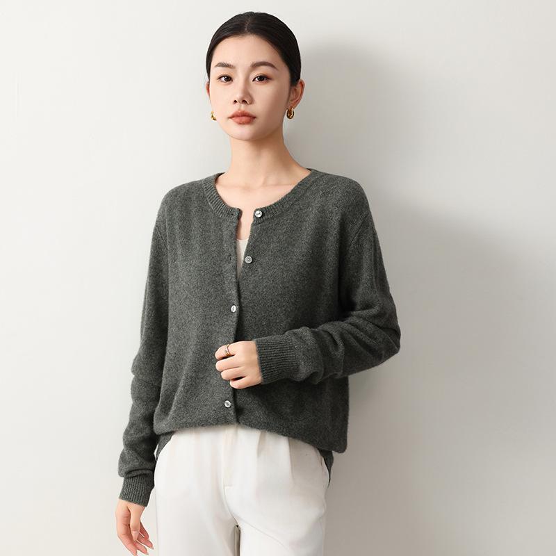 Yak Wool Women's Round Neck Cardigan - 2026 Autumn/Winter Solid Color Single-Breasted Sweater, Elegant Style