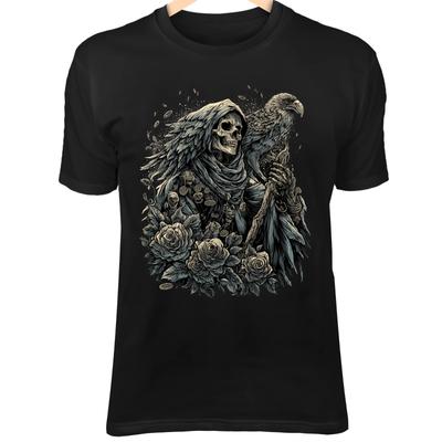 Skull Tarot Shirt - Undead Hawk and Skull Coins In Gothic Rose Garden