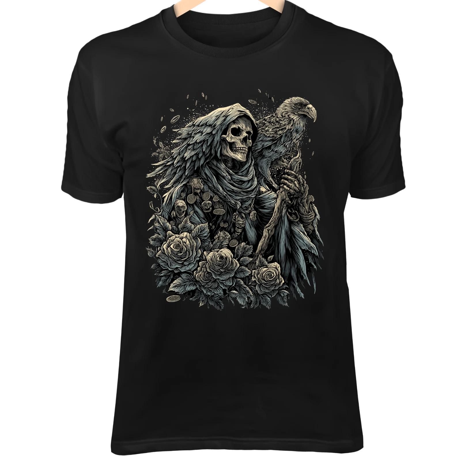 Футболка с Таро Черепа - Нежить Ястреб и Монеты с Черепами в Готическом Саду Роз XL