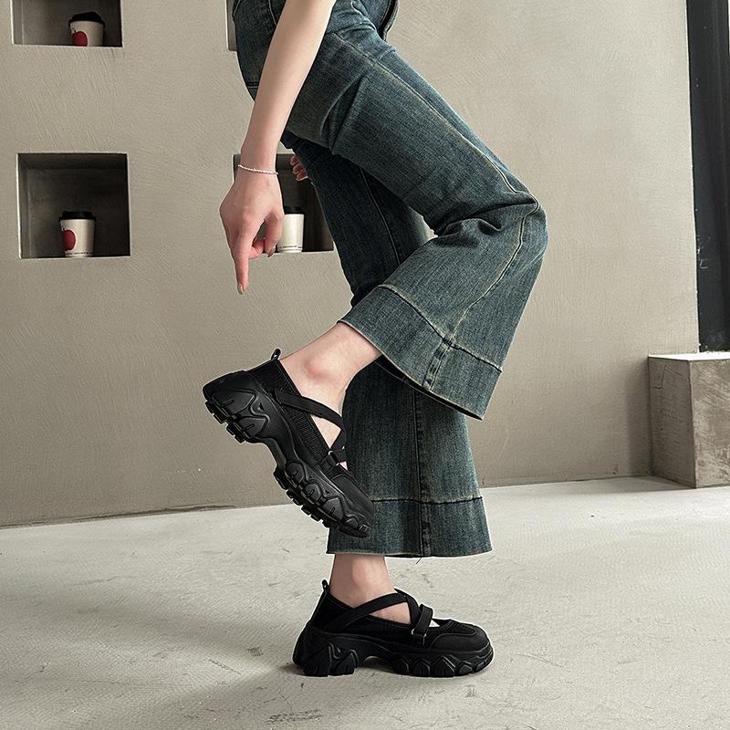 Fashion Retro Platform Heightening Round Head Sports Shoes Single Shoes Women's Summer Mesh Outer Wear Versatile Casual Moral Training Shoes