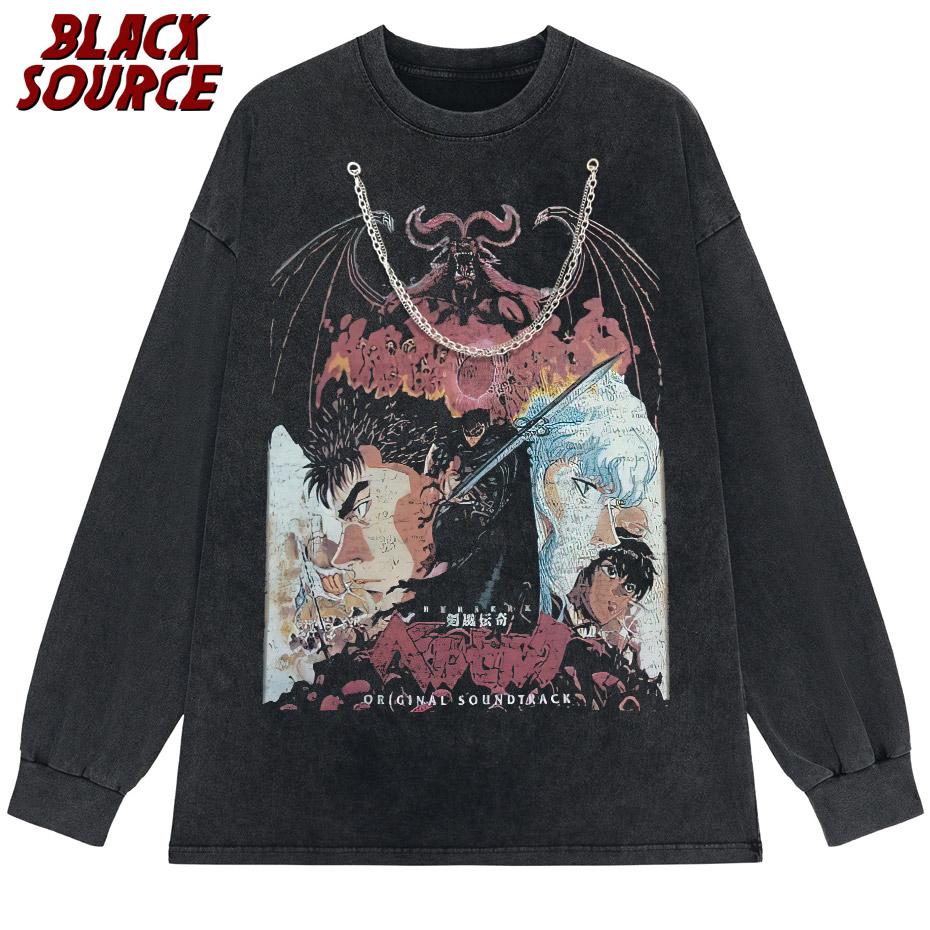 Black Source ANIME MANGA VINTAGE WASH UNISEX TSHIRT Octopus Men Harajuku TShirt Japanese Style