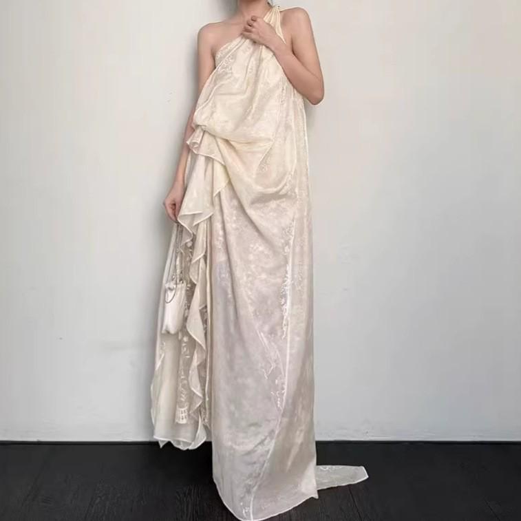 2026 Spring/Summer Off-the-Shoulder Pleated Lace Dress Small слоновая кость