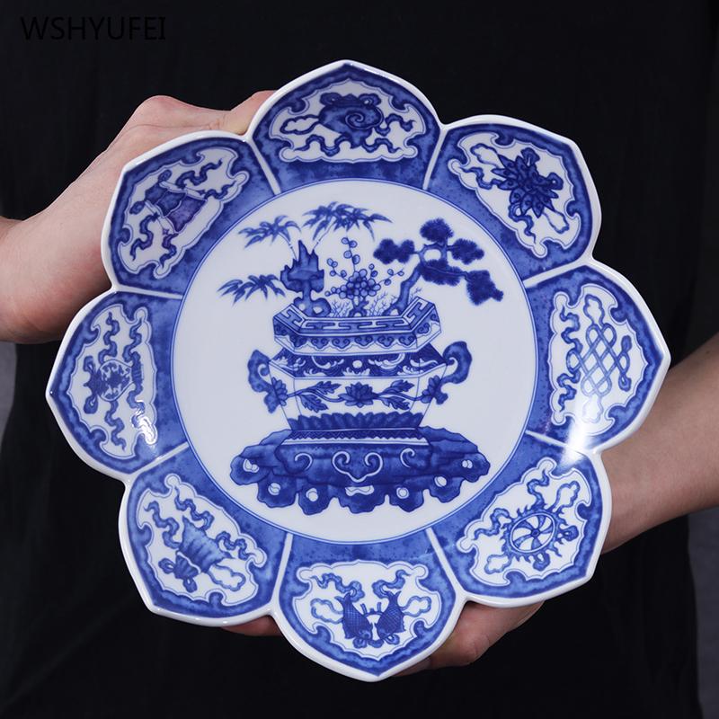 Ceramic Blue and White Eight Auspicious Offering Buddha Fruit Plate Eight Treasures Lotus Plate  Buddhist utensils and supplies