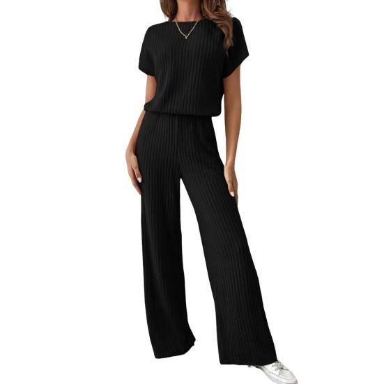 SHEWIN Women's 2-Piece Lounge Set - Short Sleeve Knit Sweater & Wide Leg Pants Outfit