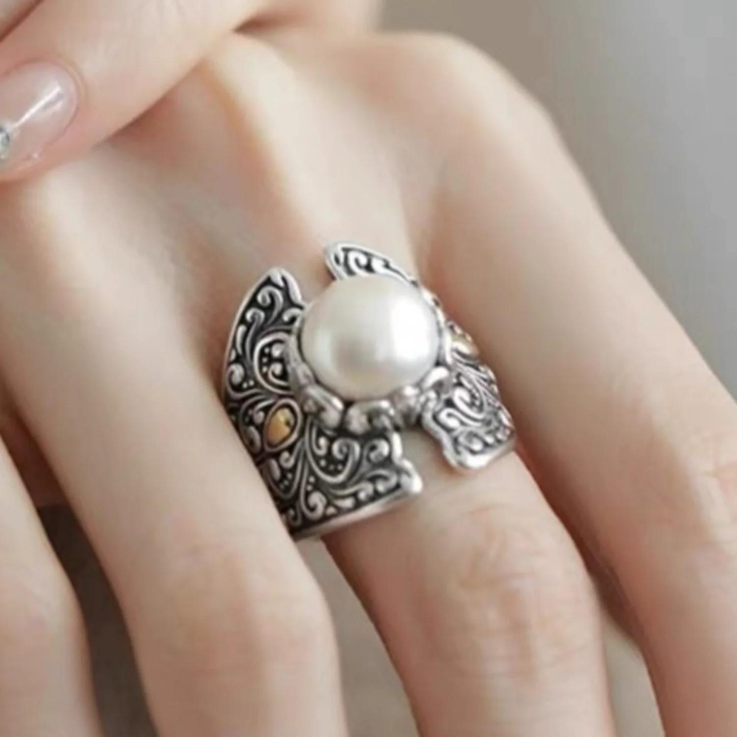Винтажное резное кольцо с полым жемчугом, античный стиль, минималистичные украшения для женщин