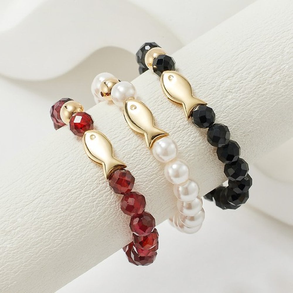14K Lucky Fish Ring Jpbdr576 Gold Ball Beads Garnet Pearl Black Spinel