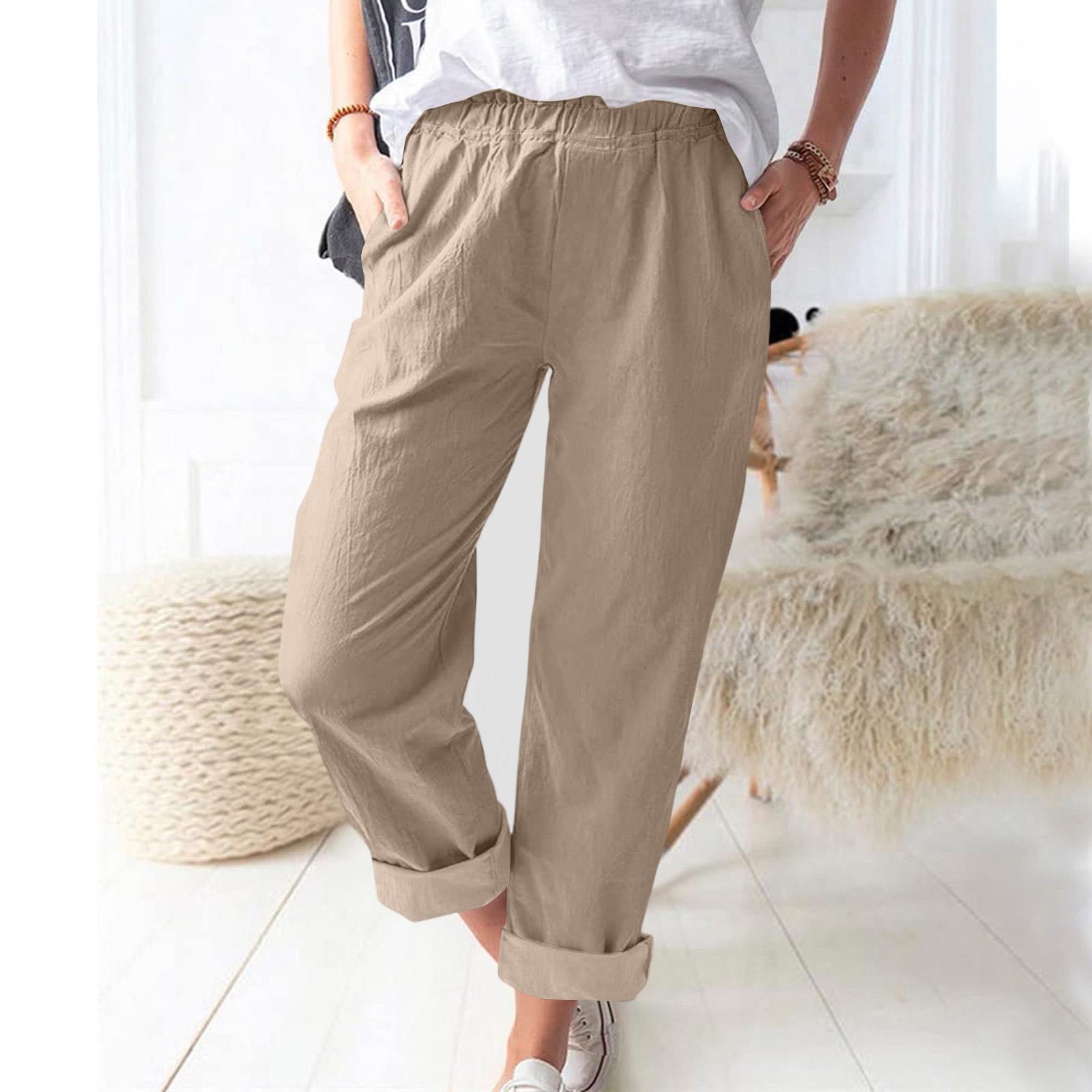 

Women Casual Elastic Waistband Pants with Pockets Loose Fit Straight Leg Lightweight Comfortable Trousers for Everyday Wear L хакі