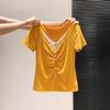 Korean Fake Two-piece Lace Splicing Yellow Front Shoulder Short-sleeved T-shirt Women's Summer Slim-fitting and Thin Versatile Chic Top