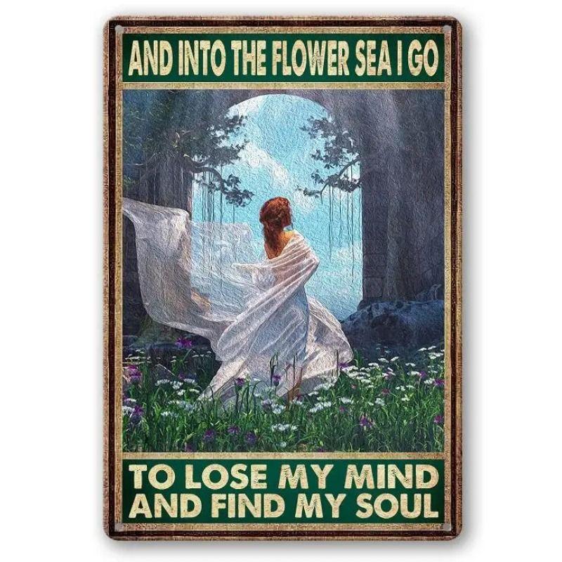 Girl In Garden Tin Painting for Dorm Home Hallway Room Decor
