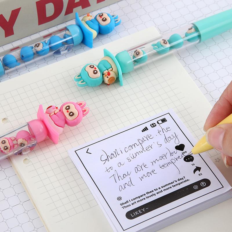 2Pcs Cute Labubu Gel Pen Cute Cartoon Diy Bead Neutral Pen Student Writing Pen Stationery Christmas Gift Student Stationery