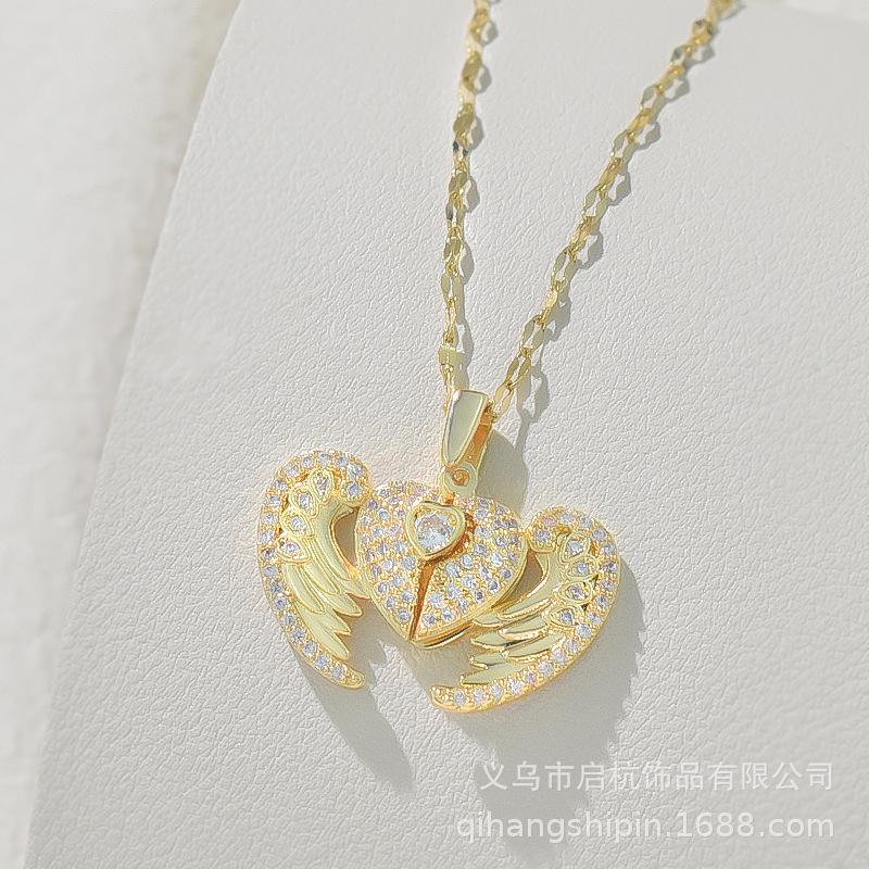 Titanium Steel Love Necklace Women'S Senior Creative Personality Versatile Open And Close Angel Wings Pendant Jewelry