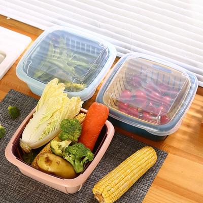 Washing Basket Double-layer Storage Basket with Lid Square Refrigerator Crisper Kitchen Fruit Fresh-keeping Drain Basket Washing Basket
