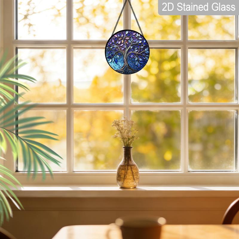 2D Flat Stained Glass Tree of Life Window Decoration, 7.87inches Blue Purple Elegant Design Colored Glass Plate with Chain, Charming Spring Summer