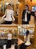 Women's Slim Fit White Polka Dot Lace Thermal Long-Sleeve Top
