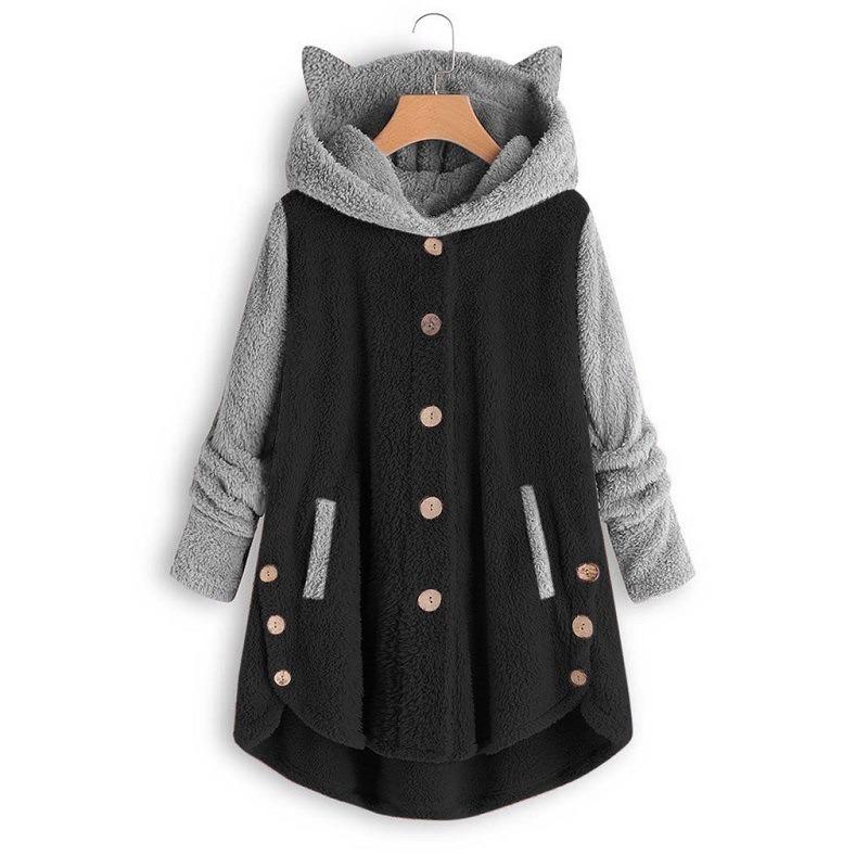 Autumn and Winter Button Hooded Cat's Ears (Steamed Cat-ear Shaped Bread) Plush Coat Irregular Color Matching Coat Women