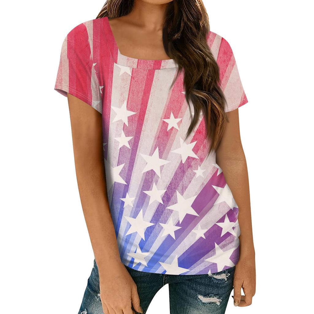 Women's Tops Spring Summer Casual T Shirt Short Sleeve Square Neck Basic Printed T Shirt