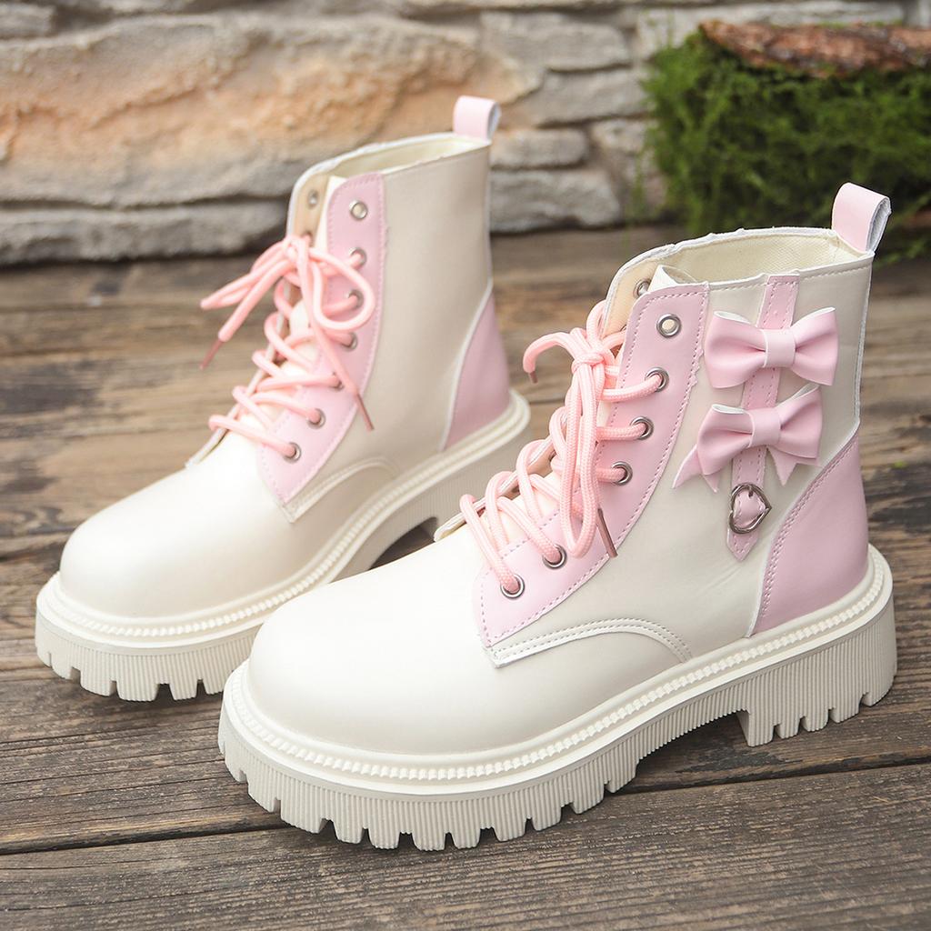 Mode Süße Rosa Schleife Mix Farbe Stiefeletten Damen 2025 Herbst Dicke Sohle Schnürstiefel Candy Punk Metall Dekoration Stiefeletten Größe 42