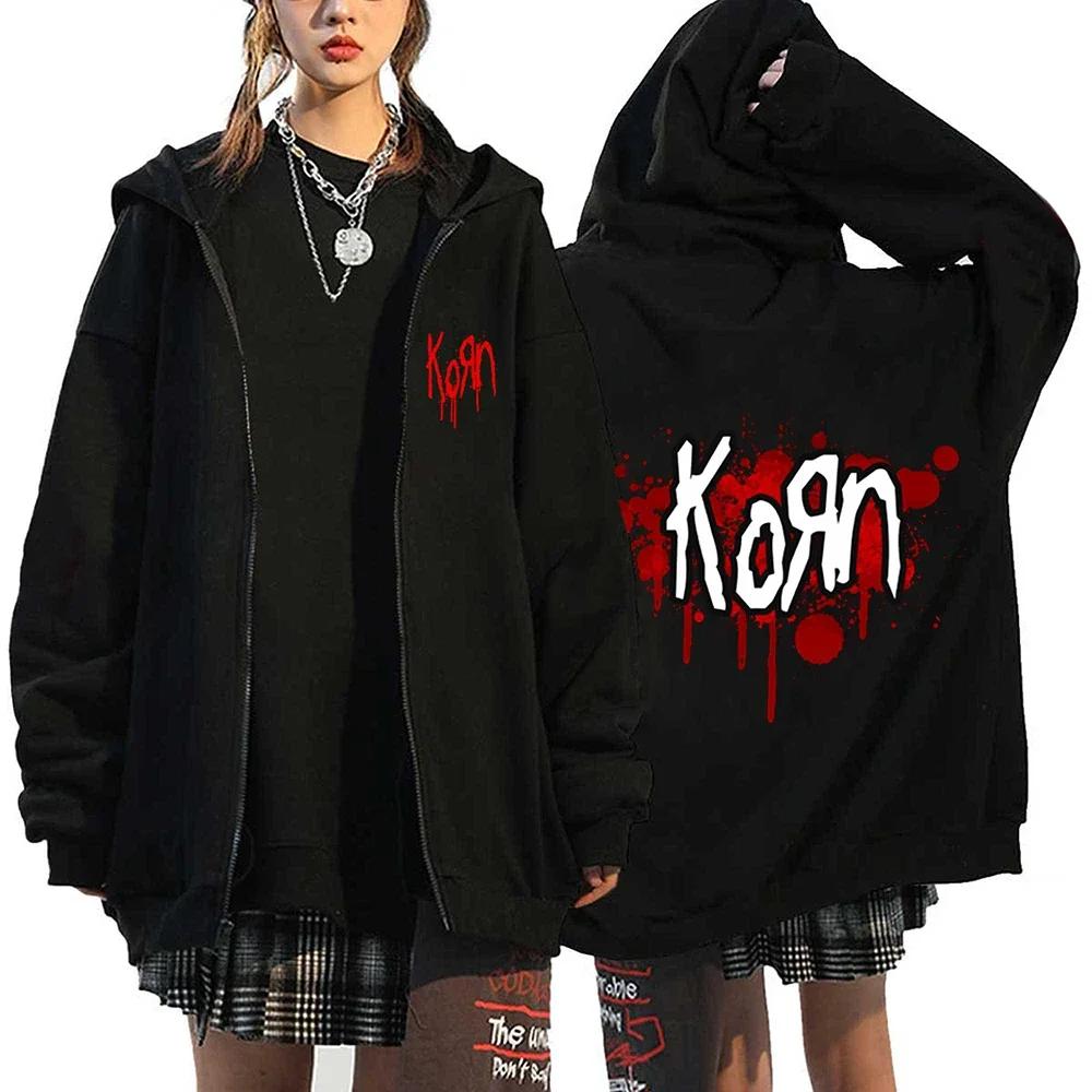 Korn Rock Hoodies WORLD TOUR Zipper Sweatshirts Korn Rock Metal Zip Up Jackets Fleece Oversized Jackets Coats Hip Hop Streetwear