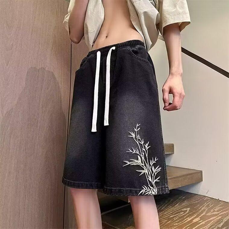 New Chinese-style embroidered denim shorts men's summer thin loose retro trendy brand washed five-point pants