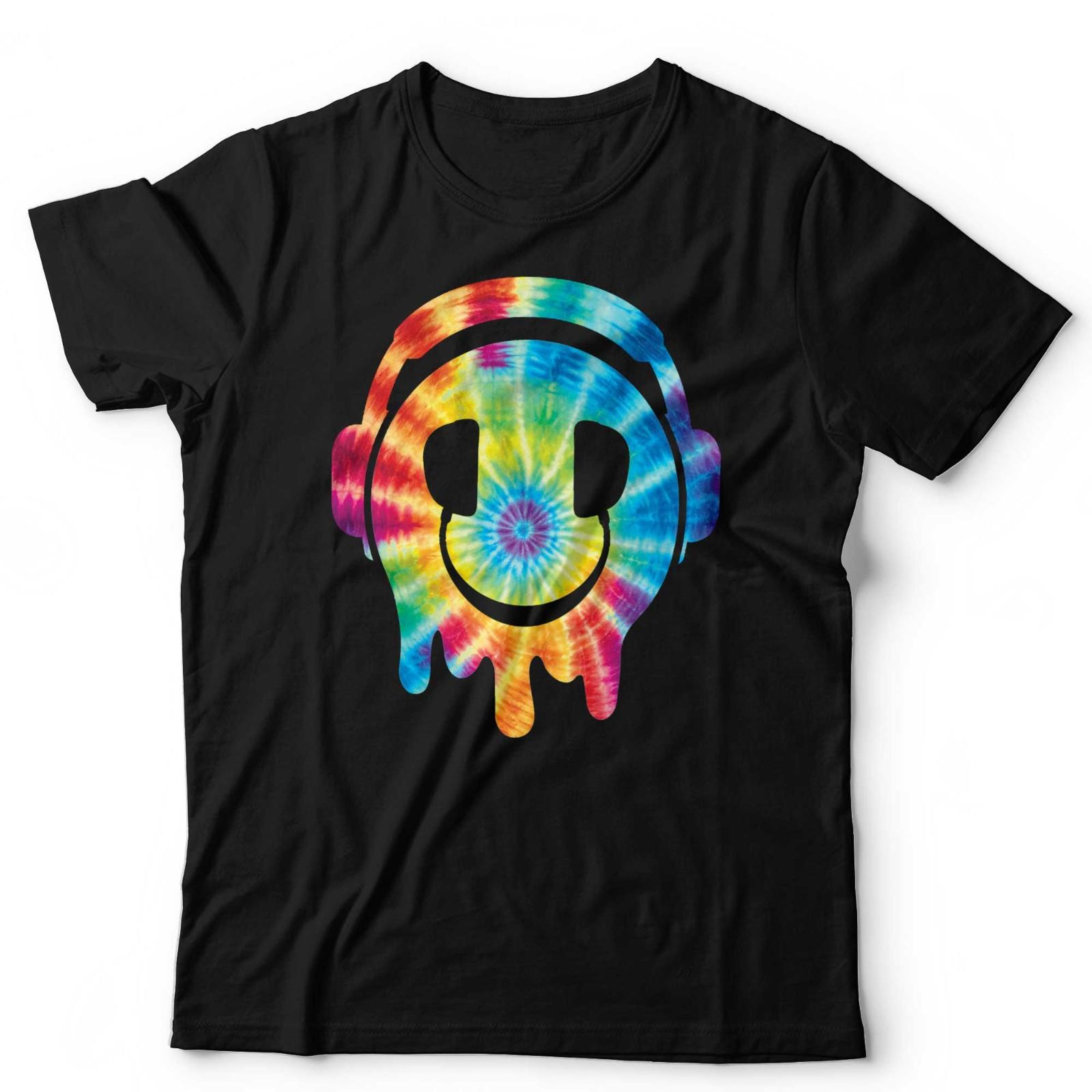 Tie Dye DJ Smiley Face T Shirt Rave Festival EDM Graphic Tee Headphones S разноцветный