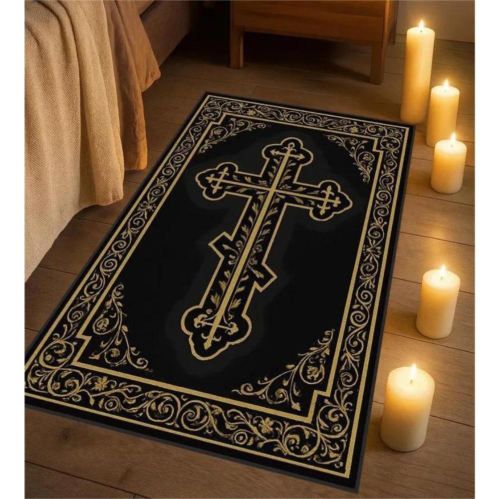 Religious Cross Carpet Mat Rug - Gold Pattern Red Background Floor Decor for Living Room Home Decoration Carpets for Living Room