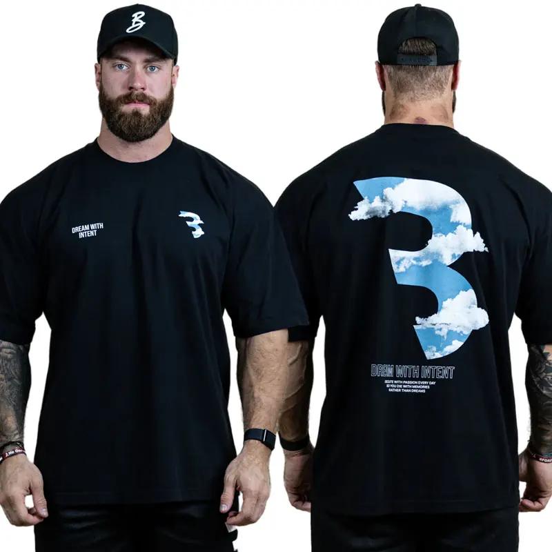 2025 100% Bomull Herr Mode Bokstavstryck Högkvalitativ T-shirt Fitness Street Wear Sommar Casual O-hals Oversized Sporttopp