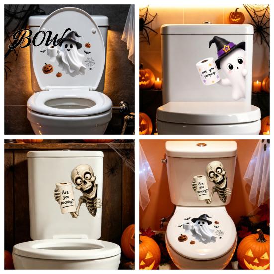 Waterproof Halloween Wall Stickers Toilet Sticker, Ghost And Skeleton Print Decals, PVC Easy Bathroom Decals Peel Stick Spooky Stickers, for