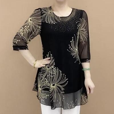 Baskılı Moda 3/4 Kol Şifon Tişört Kadınlar için Günlük Bol Yuvarlak Yaka Elmaslar Üstler Yaz Kadın Giyim